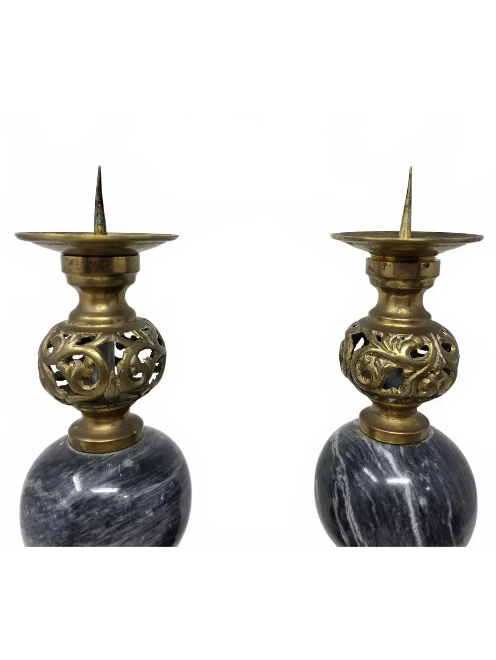 Vintage Indian Brass Marble Pricket Candlesticks Pair 12.25 Inch